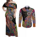 Indigenous Kangaroo Australia Aboriginal Style Couples Matching Off Shoulder Maxi Dress and Long Sleeve Button Shirt