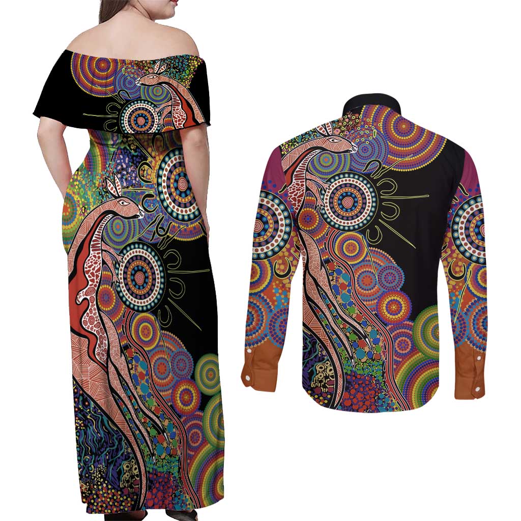 Indigenous Kangaroo Australia Aboriginal Style Couples Matching Off Shoulder Maxi Dress and Long Sleeve Button Shirt