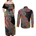 Indigenous Kangaroo Australia Aboriginal Style Couples Matching Off Shoulder Maxi Dress and Long Sleeve Button Shirt