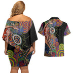 Indigenous Kangaroo Australia Aboriginal Style Couples Matching Off Shoulder Short Dress and Hawaiian Shirt
