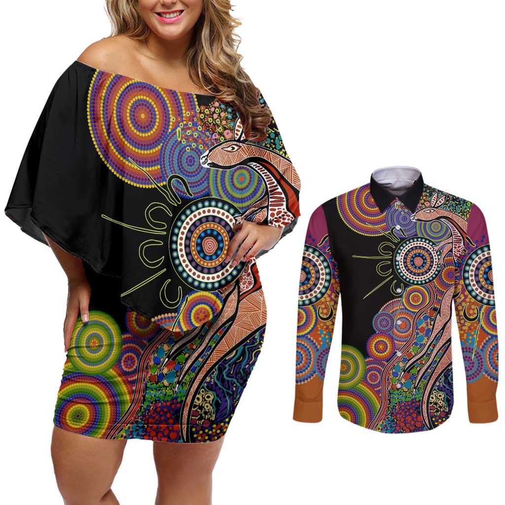 Indigenous Kangaroo Australia Aboriginal Style Couples Matching Off Shoulder Short Dress and Long Sleeve Button Shirt