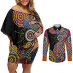 Indigenous Kangaroo Australia Aboriginal Style Couples Matching Off Shoulder Short Dress and Long Sleeve Button Shirt