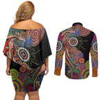 Indigenous Kangaroo Australia Aboriginal Style Couples Matching Off Shoulder Short Dress and Long Sleeve Button Shirt