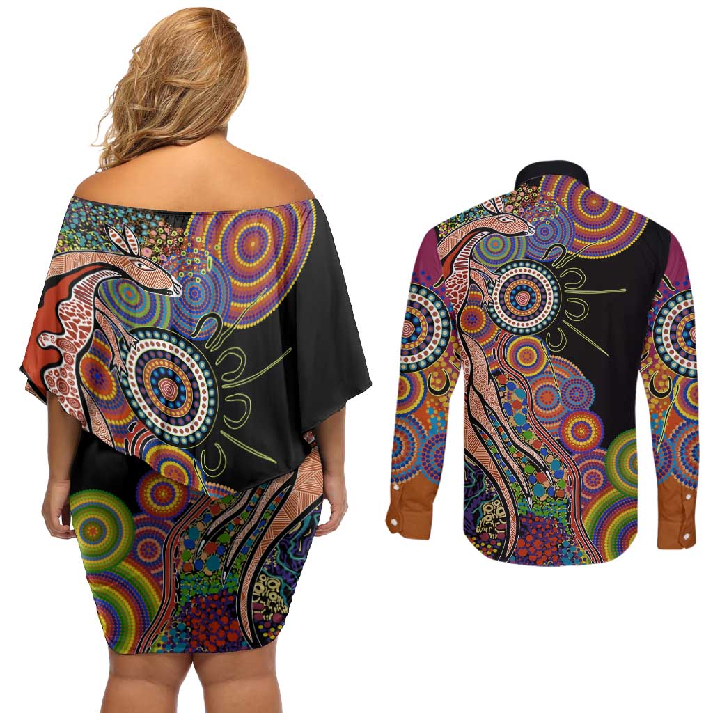 Indigenous Kangaroo Australia Aboriginal Style Couples Matching Off Shoulder Short Dress and Long Sleeve Button Shirt