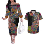 Indigenous Kangaroo Australia Aboriginal Style Couples Matching Off The Shoulder Long Sleeve Dress and Hawaiian Shirt