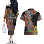 Indigenous Kangaroo Australia Aboriginal Style Couples Matching Off The Shoulder Long Sleeve Dress and Hawaiian Shirt