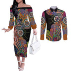 Indigenous Kangaroo Australia Aboriginal Style Couples Matching Off The Shoulder Long Sleeve Dress and Long Sleeve Button Shirt