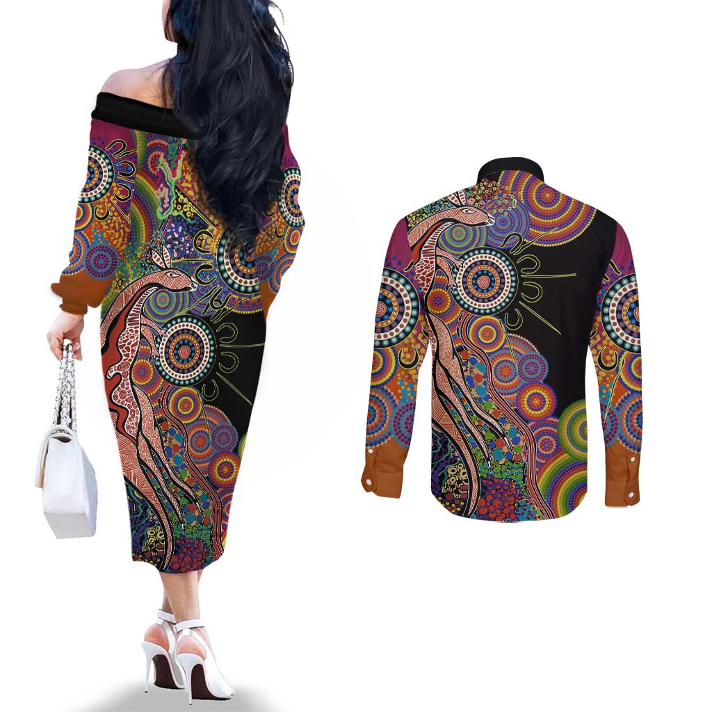 Indigenous Kangaroo Australia Aboriginal Style Couples Matching Off The Shoulder Long Sleeve Dress and Long Sleeve Button Shirt