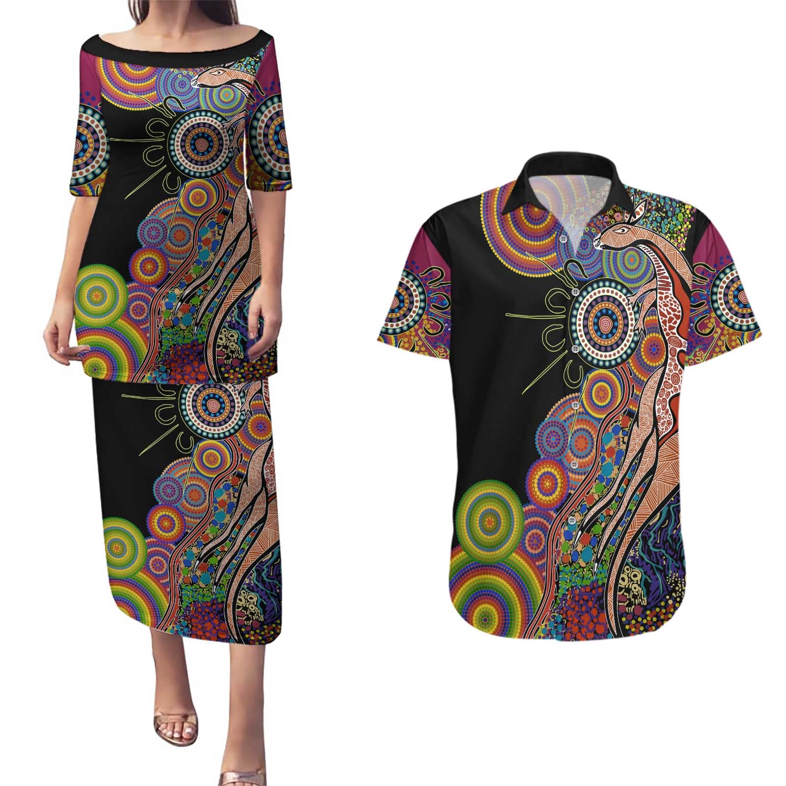 Indigenous Kangaroo Australia Aboriginal Style Couples Matching Puletasi and Hawaiian Shirt