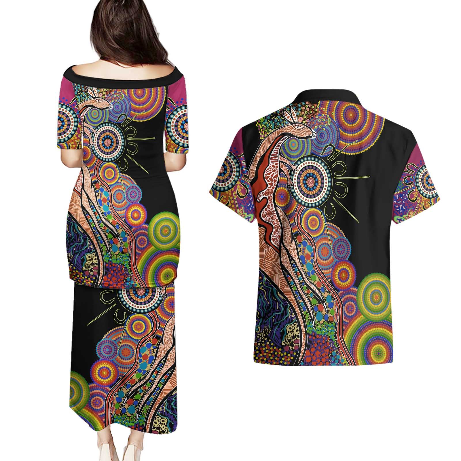 Indigenous Kangaroo Australia Aboriginal Style Couples Matching Puletasi and Hawaiian Shirt