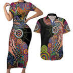 Indigenous Kangaroo Australia Aboriginal Style Couples Matching Short Sleeve Bodycon Dress and Hawaiian Shirt