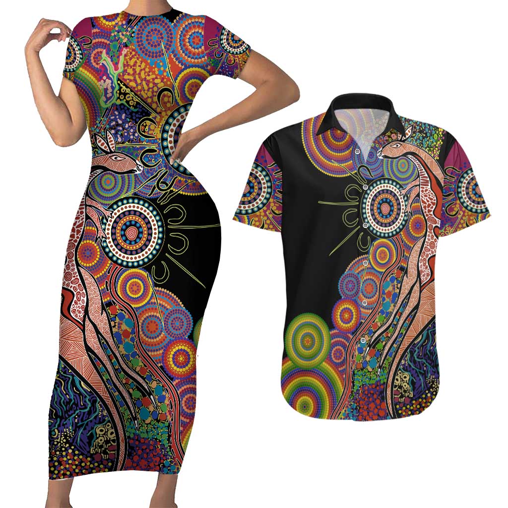 Indigenous Kangaroo Australia Aboriginal Style Couples Matching Short Sleeve Bodycon Dress and Hawaiian Shirt