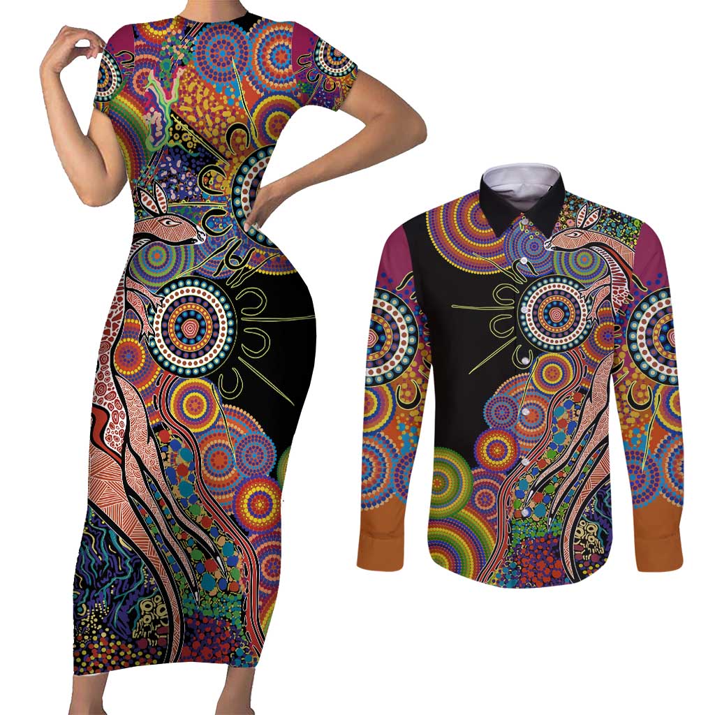 Indigenous Kangaroo Australia Aboriginal Style Couples Matching Short Sleeve Bodycon Dress and Long Sleeve Button Shirt