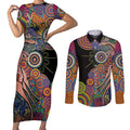 Indigenous Kangaroo Australia Aboriginal Style Couples Matching Short Sleeve Bodycon Dress and Long Sleeve Button Shirt
