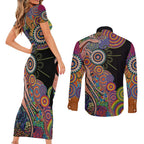 Indigenous Kangaroo Australia Aboriginal Style Couples Matching Short Sleeve Bodycon Dress and Long Sleeve Button Shirt