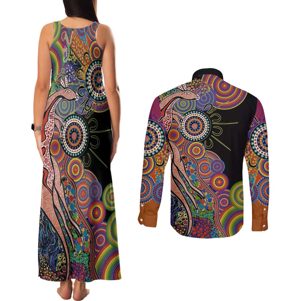 Indigenous Kangaroo Australia Aboriginal Style Couples Matching Tank Maxi Dress and Long Sleeve Button Shirt