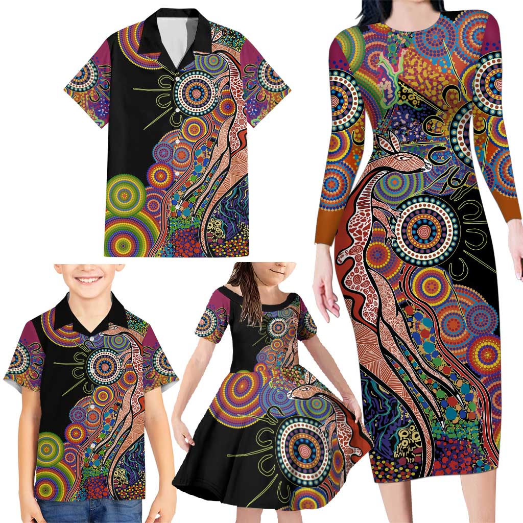 Indigenous Kangaroo Australia Aboriginal Style Family Matching Long Sleeve Bodycon Dress and Hawaiian Shirt