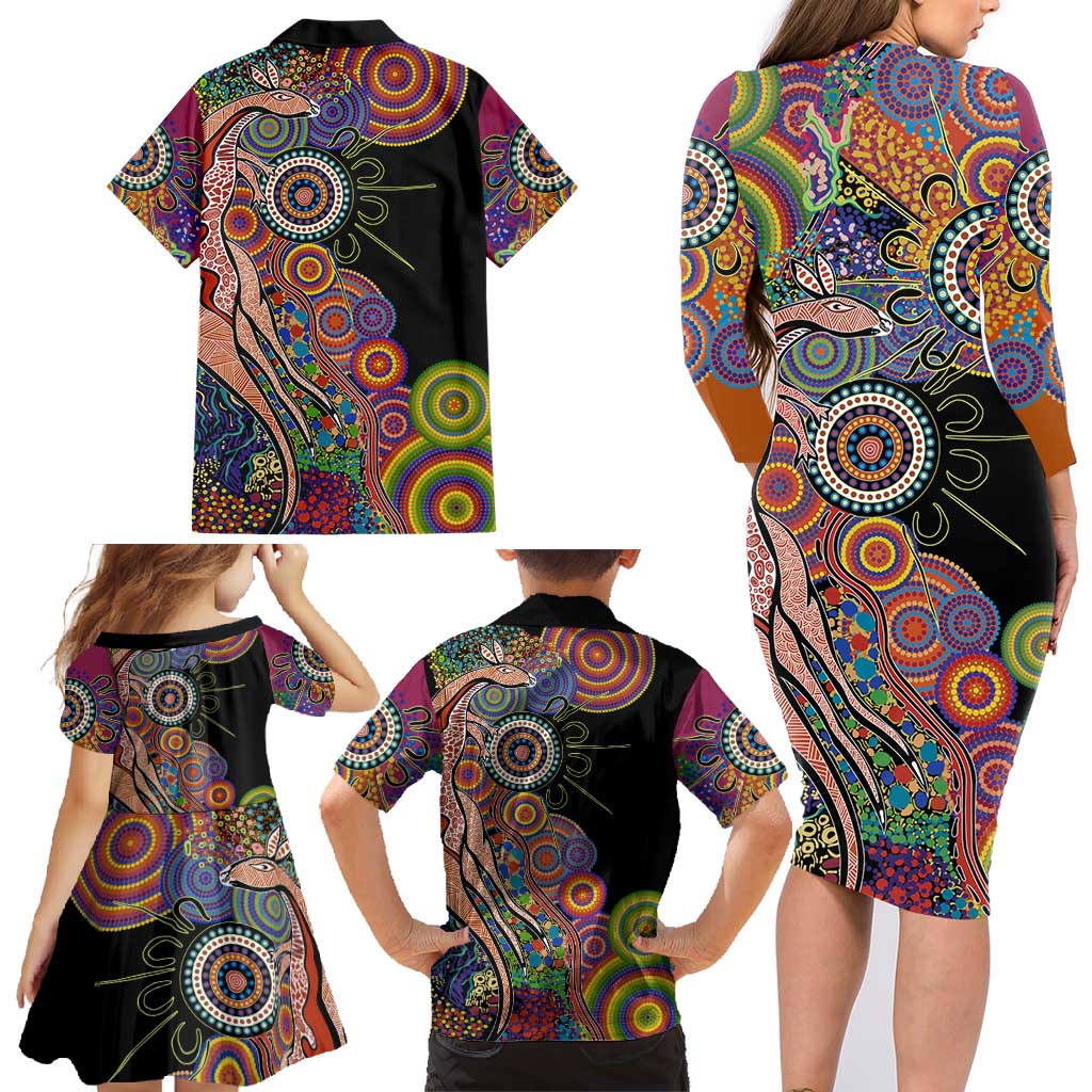 Indigenous Kangaroo Australia Aboriginal Style Family Matching Long Sleeve Bodycon Dress and Hawaiian Shirt