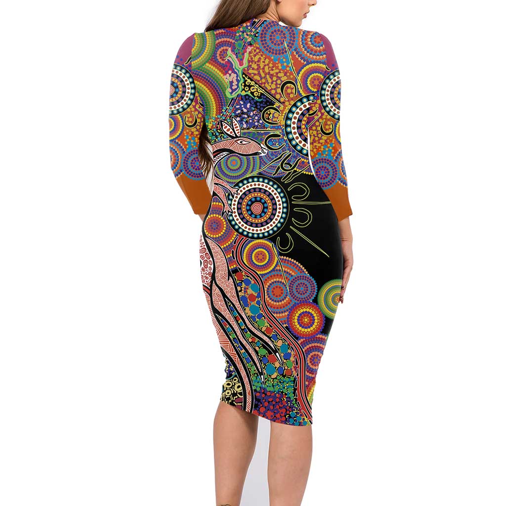 Indigenous Kangaroo Australia Aboriginal Style Family Matching Long Sleeve Bodycon Dress and Hawaiian Shirt
