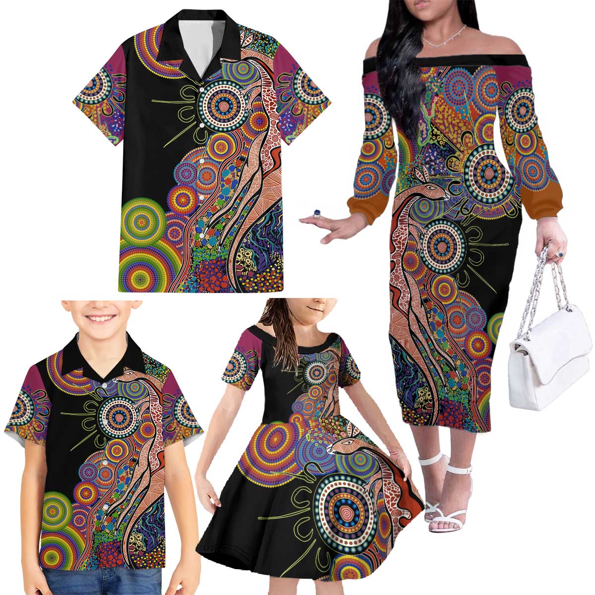 Indigenous Kangaroo Australia Aboriginal Style Family Matching Off The Shoulder Long Sleeve Dress and Hawaiian Shirt