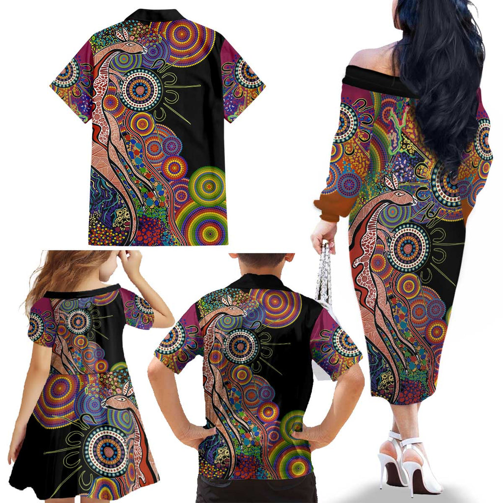 Indigenous Kangaroo Australia Aboriginal Style Family Matching Off The Shoulder Long Sleeve Dress and Hawaiian Shirt