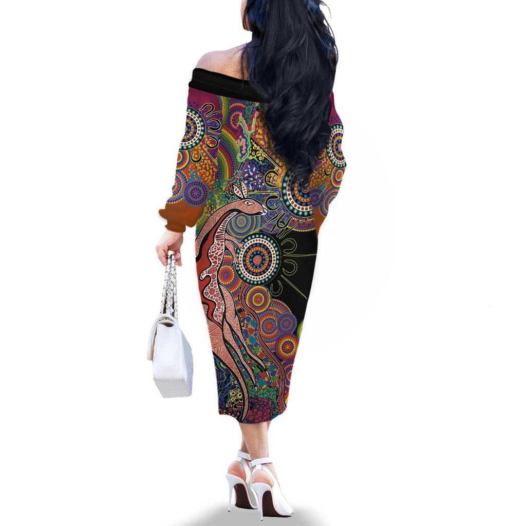 Indigenous Kangaroo Australia Aboriginal Style Family Matching Off The Shoulder Long Sleeve Dress and Hawaiian Shirt