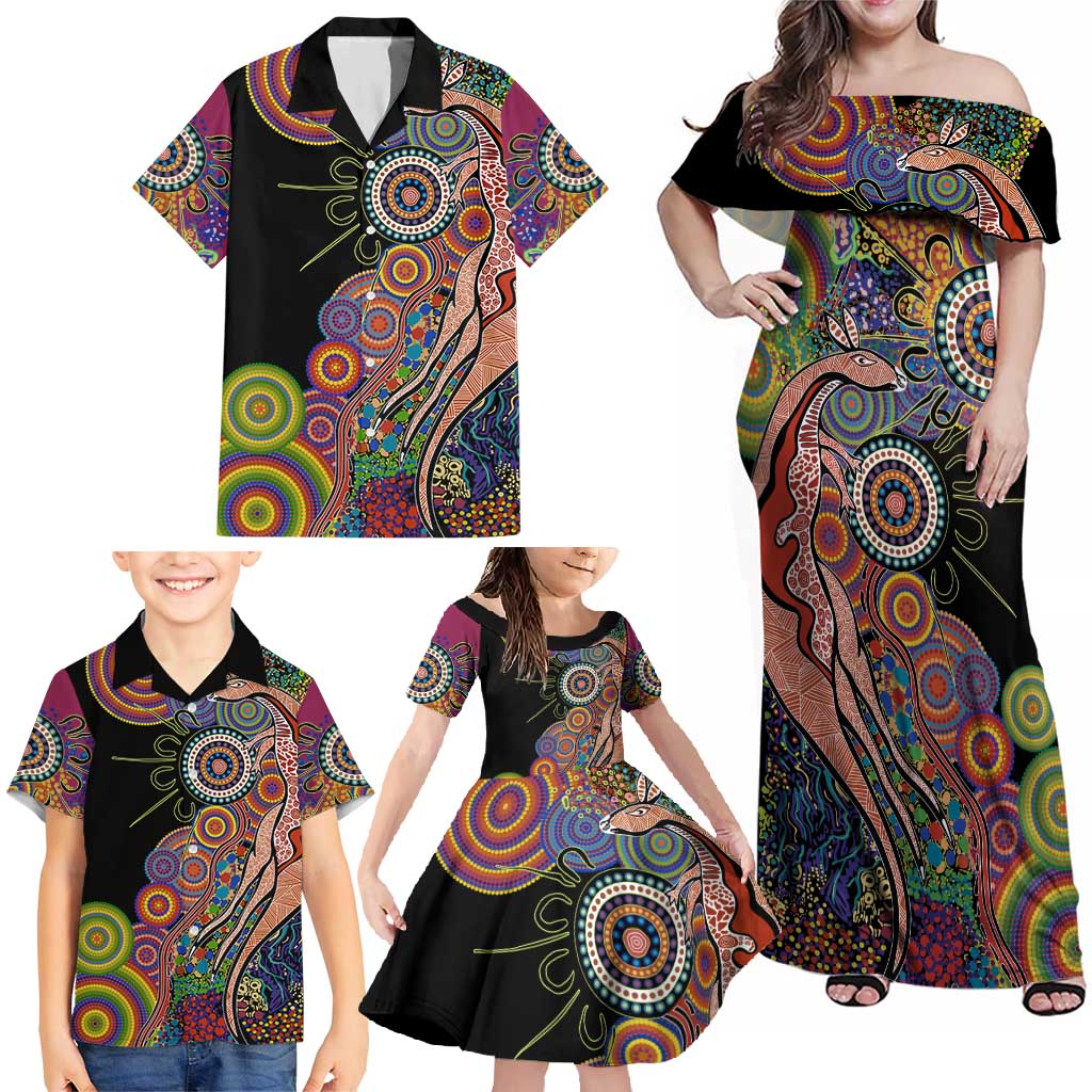 Indigenous Kangaroo Australia Aboriginal Style Family Matching Off Shoulder Maxi Dress and Hawaiian Shirt