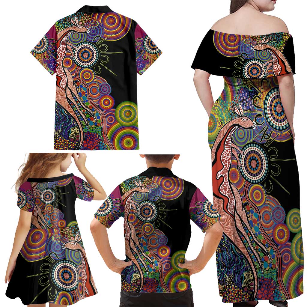 Indigenous Kangaroo Australia Aboriginal Style Family Matching Off Shoulder Maxi Dress and Hawaiian Shirt