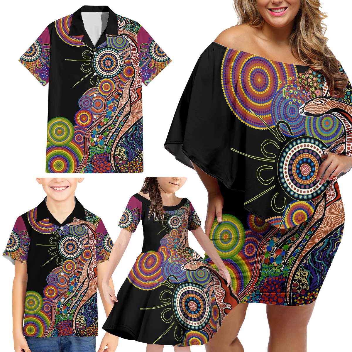Indigenous Kangaroo Australia Aboriginal Style Family Matching Off Shoulder Short Dress and Hawaiian Shirt