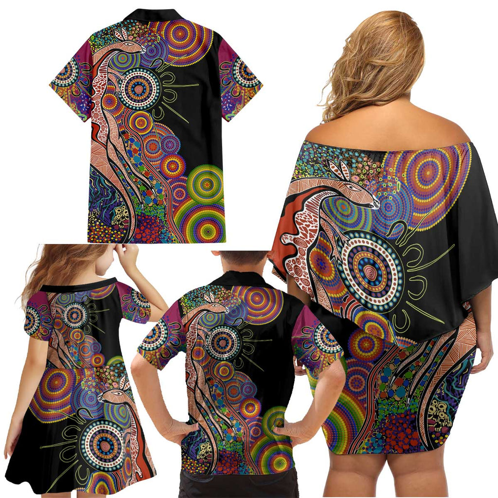 Indigenous Kangaroo Australia Aboriginal Style Family Matching Off Shoulder Short Dress and Hawaiian Shirt