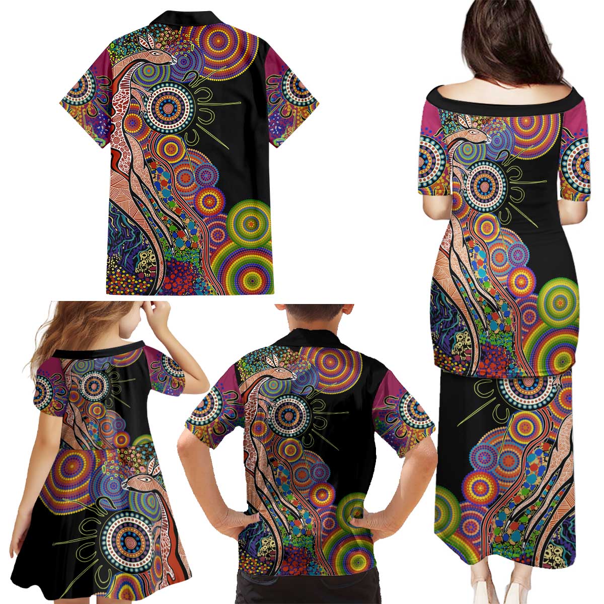 Indigenous Kangaroo Australia Aboriginal Style Family Matching Puletasi and Hawaiian Shirt