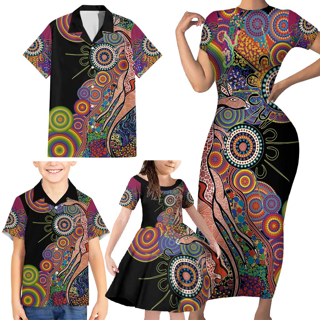 Indigenous Kangaroo Australia Aboriginal Style Family Matching Short Sleeve Bodycon Dress and Hawaiian Shirt