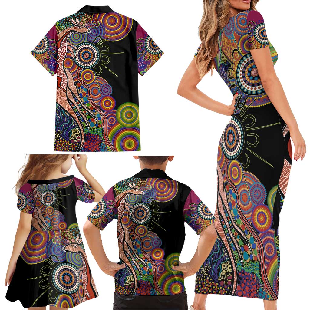 Indigenous Kangaroo Australia Aboriginal Style Family Matching Short Sleeve Bodycon Dress and Hawaiian Shirt