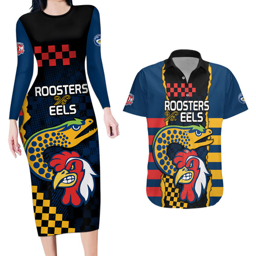 nrl-eels-combine-roosters-rugby-couples-matching-long-sleeve-bodycon-dress-and-hawaiian-shirt-sporty-style