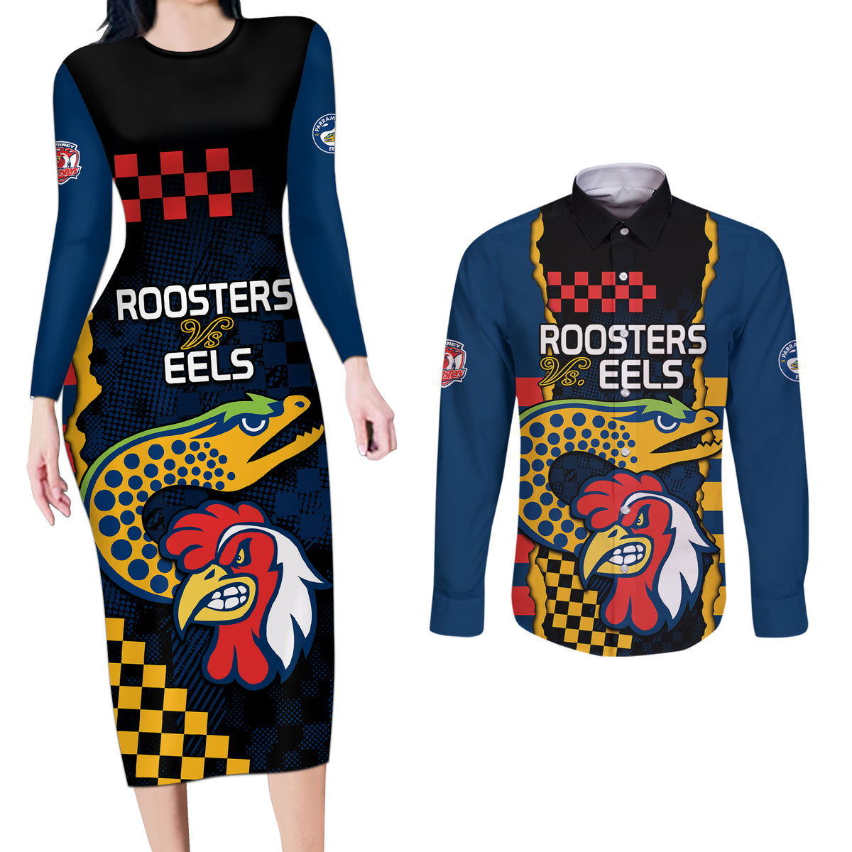 nrl-eels-combine-roosters-rugby-couples-matching-long-sleeve-bodycon-dress-and-long-sleeve-button-shirts-sporty-style