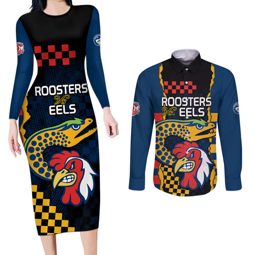 nrl-eels-combine-roosters-rugby-couples-matching-long-sleeve-bodycon-dress-and-long-sleeve-button-shirts-sporty-style