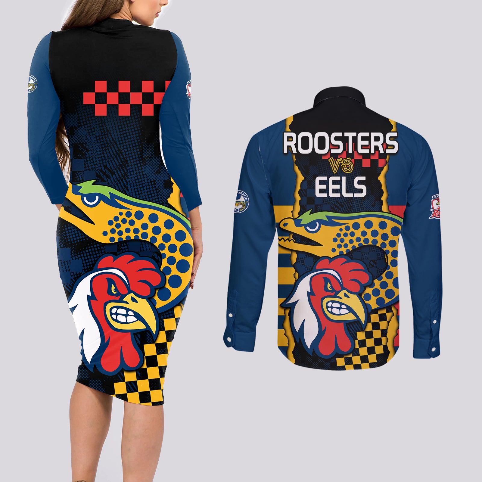 nrl-eels-combine-roosters-rugby-couples-matching-long-sleeve-bodycon-dress-and-long-sleeve-button-shirts-sporty-style