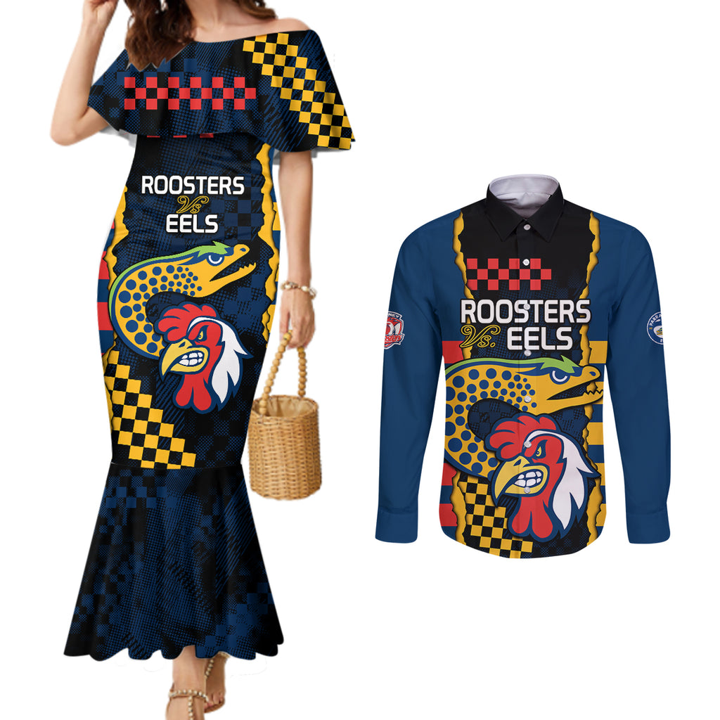 nrl-eels-combine-roosters-rugby-couples-matching-mermaid-dress-and-long-sleeve-button-shirts-sporty-style