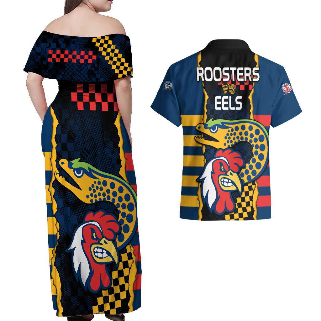 nrl-eels-combine-roosters-rugby-couples-matching-off-shoulder-maxi-dress-and-hawaiian-shirt-sporty-style