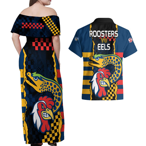 nrl-eels-combine-roosters-rugby-couples-matching-off-shoulder-maxi-dress-and-hawaiian-shirt-sporty-style