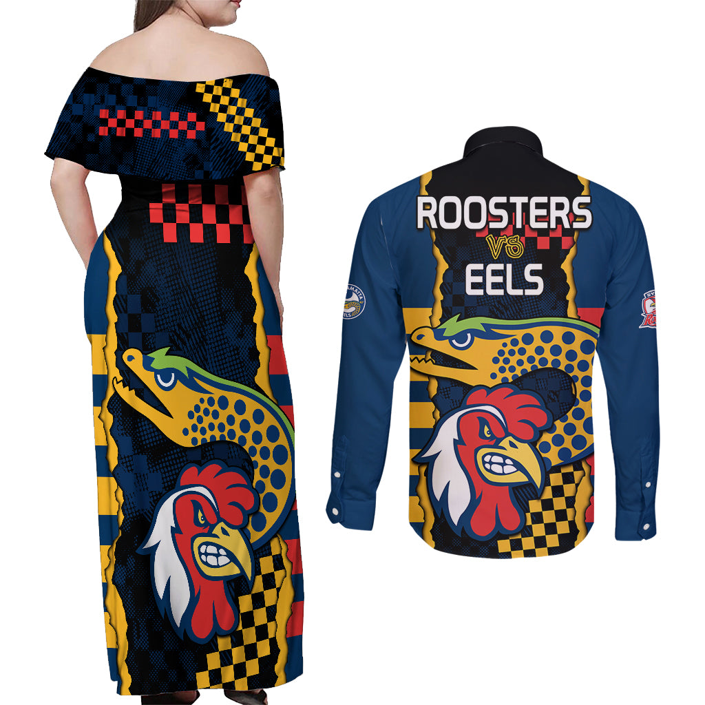 nrl-eels-combine-roosters-rugby-couples-matching-off-shoulder-maxi-dress-and-long-sleeve-button-shirts-sporty-style