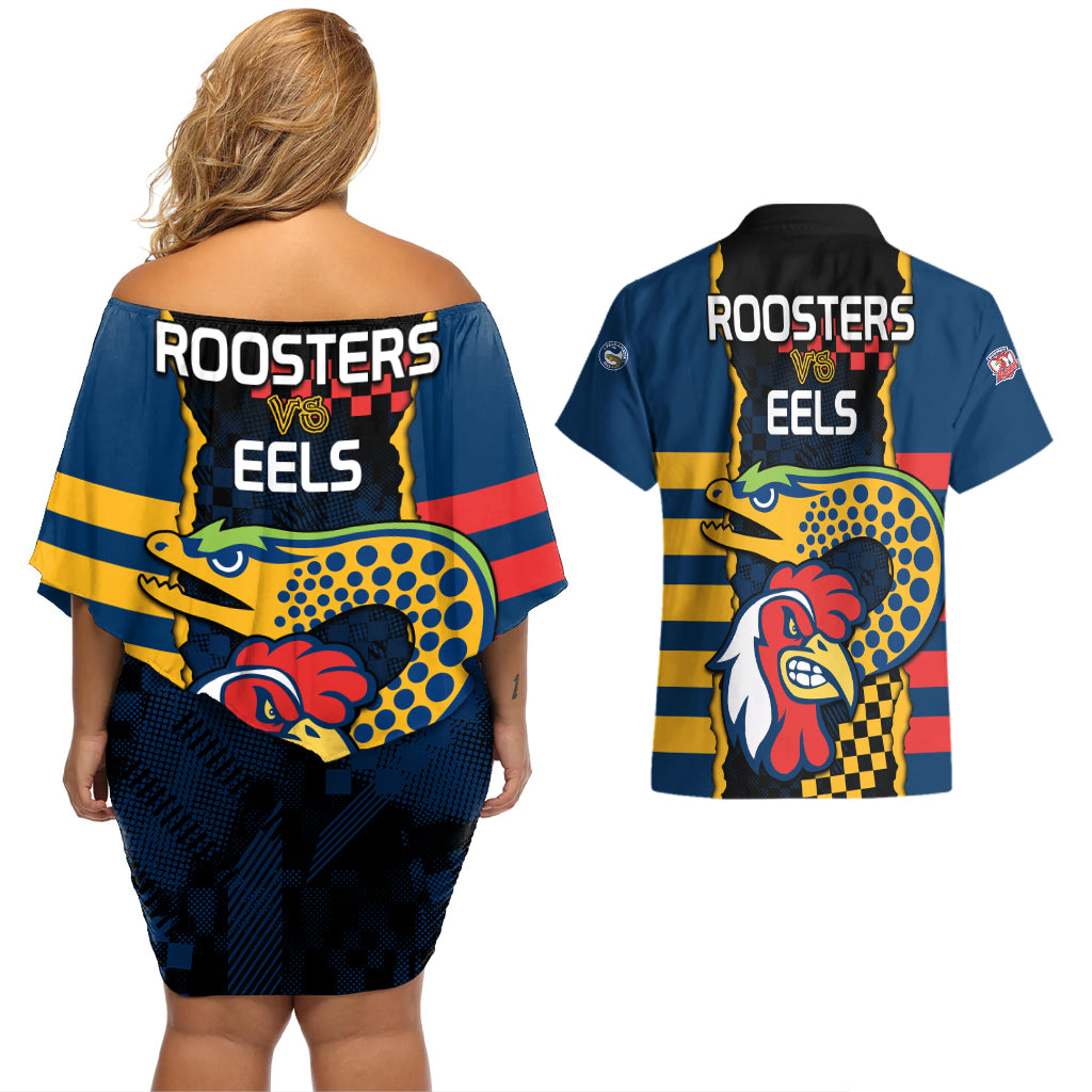 nrl-eels-combine-roosters-rugby-couples-matching-off-shoulder-short-dress-and-hawaiian-shirt-sporty-style