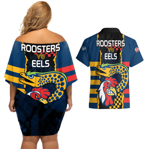 nrl-eels-combine-roosters-rugby-couples-matching-off-shoulder-short-dress-and-hawaiian-shirt-sporty-style
