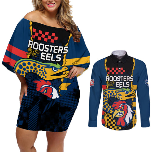 nrl-eels-combine-roosters-rugby-couples-matching-off-shoulder-short-dress-and-long-sleeve-button-shirts-sporty-style