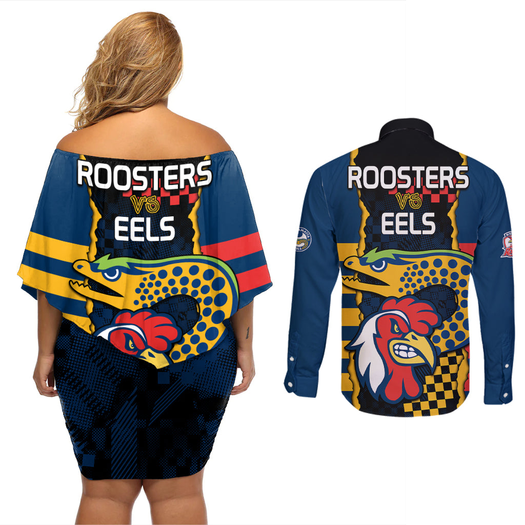 nrl-eels-combine-roosters-rugby-couples-matching-off-shoulder-short-dress-and-long-sleeve-button-shirts-sporty-style