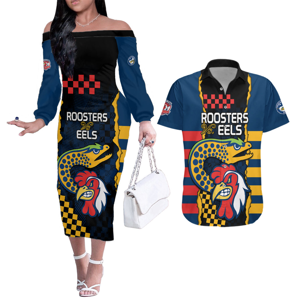 nrl-eels-combine-roosters-rugby-couples-matching-off-the-shoulder-long-sleeve-dress-and-hawaiian-shirt-sporty-style