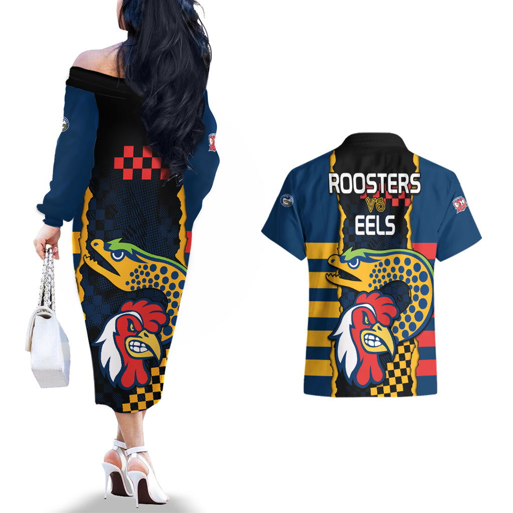 nrl-eels-combine-roosters-rugby-couples-matching-off-the-shoulder-long-sleeve-dress-and-hawaiian-shirt-sporty-style