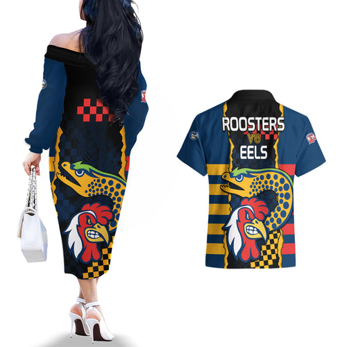 nrl-eels-combine-roosters-rugby-couples-matching-off-the-shoulder-long-sleeve-dress-and-hawaiian-shirt-sporty-style