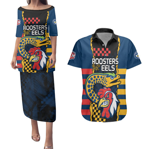 nrl-eels-combine-roosters-rugby-couples-matching-puletasi-dress-and-hawaiian-shirt-sporty-style