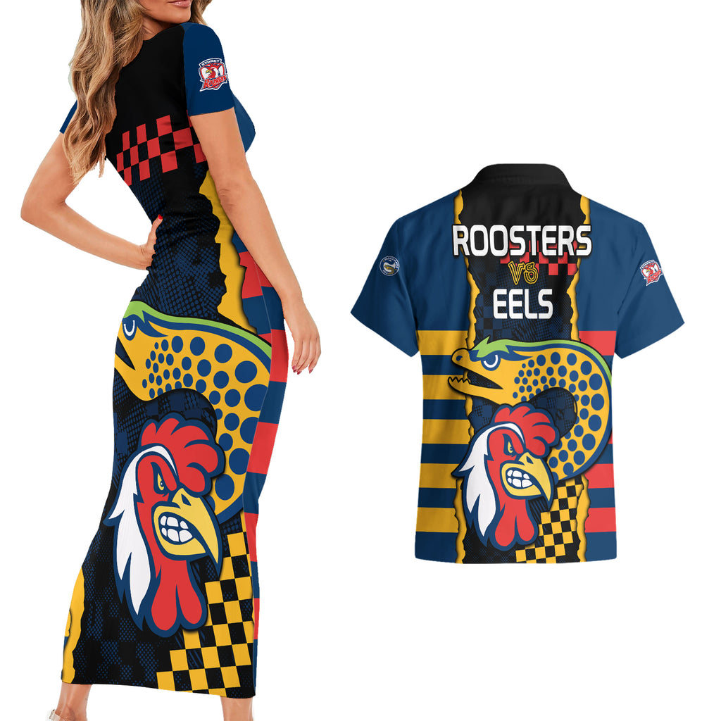 nrl-eels-combine-roosters-rugby-couples-matching-short-sleeve-bodycon-dress-and-hawaiian-shirt-sporty-style